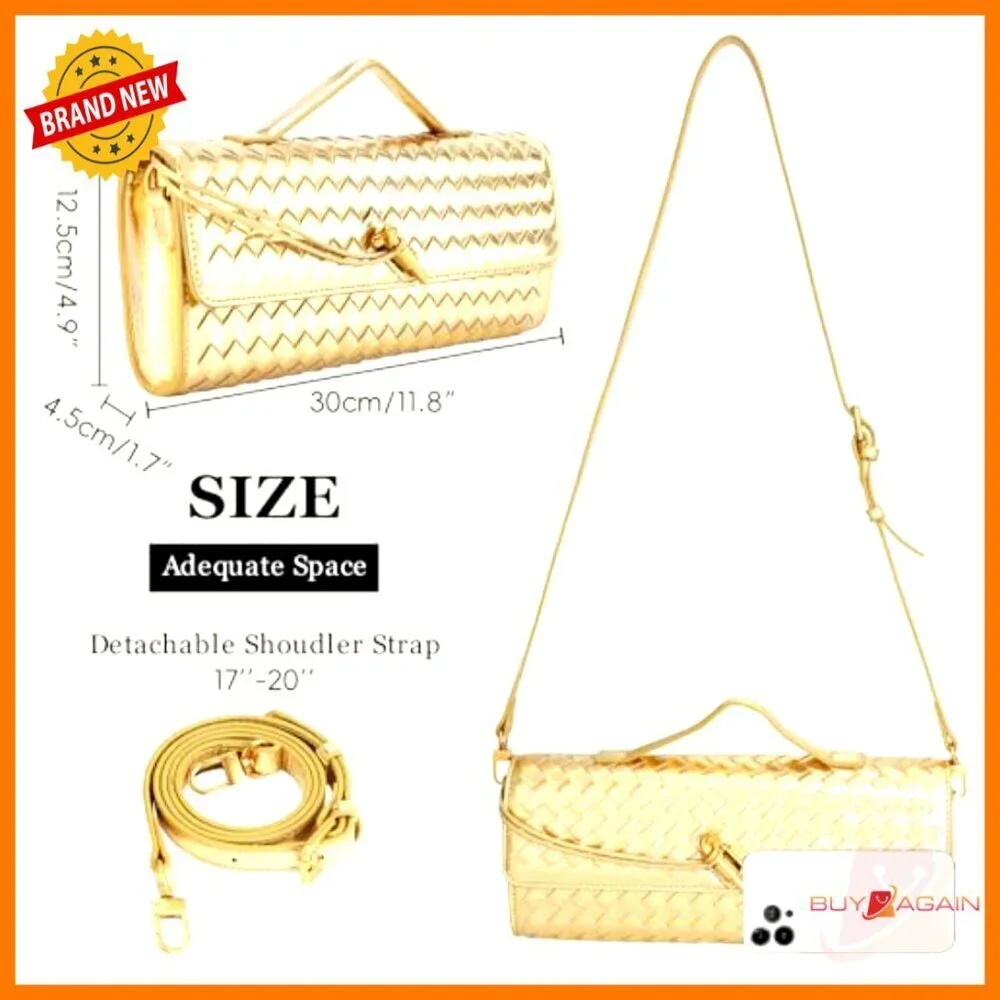 PU Leather Woven Evening Clutch with Adjustable Strap 11.8x4.9 Inches